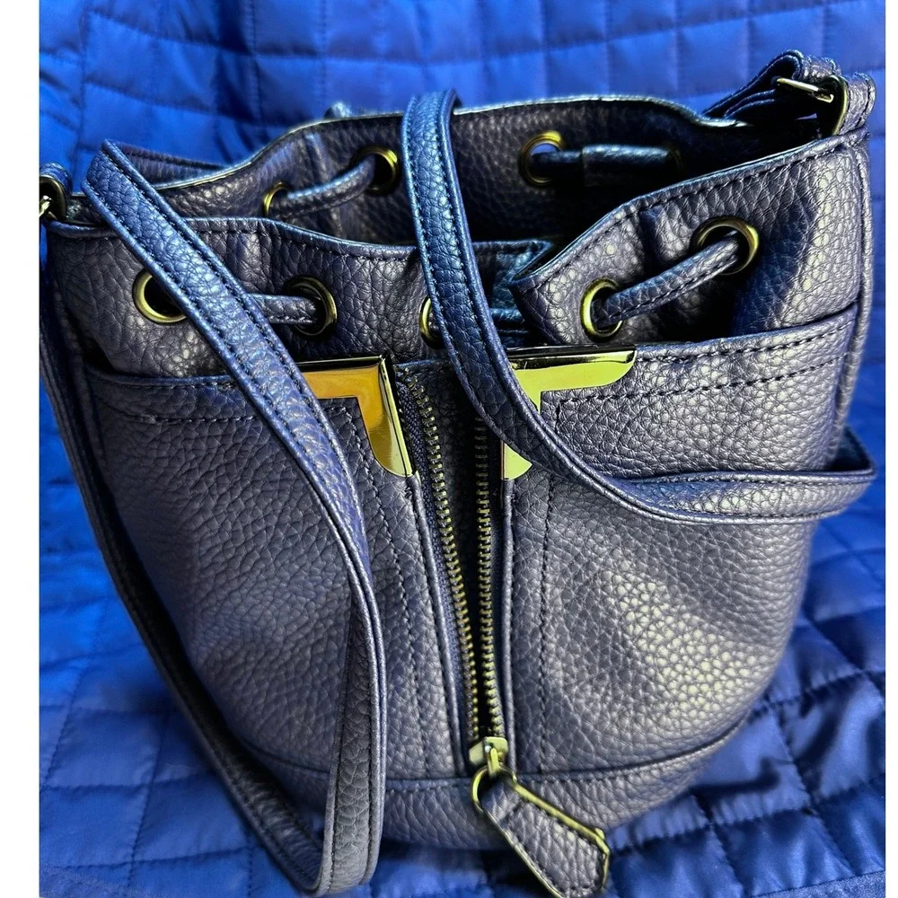 Danielle Nicole Blue Pebble Vegan PU Lthr Mini Drawstring Bucket Crossbody Bag - Picture 2 of 13